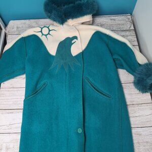 Linda Lundstrom Laparka Inuit Wool Parka w Eagle Motif in Teal and White Women M